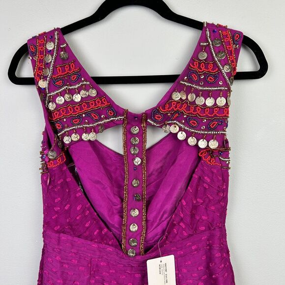 NWT Free People Jeweled Chevron Mini Dress Fuchsia Pink Beaded Swiss Dot 4 Flaw - Picture 7 of 16